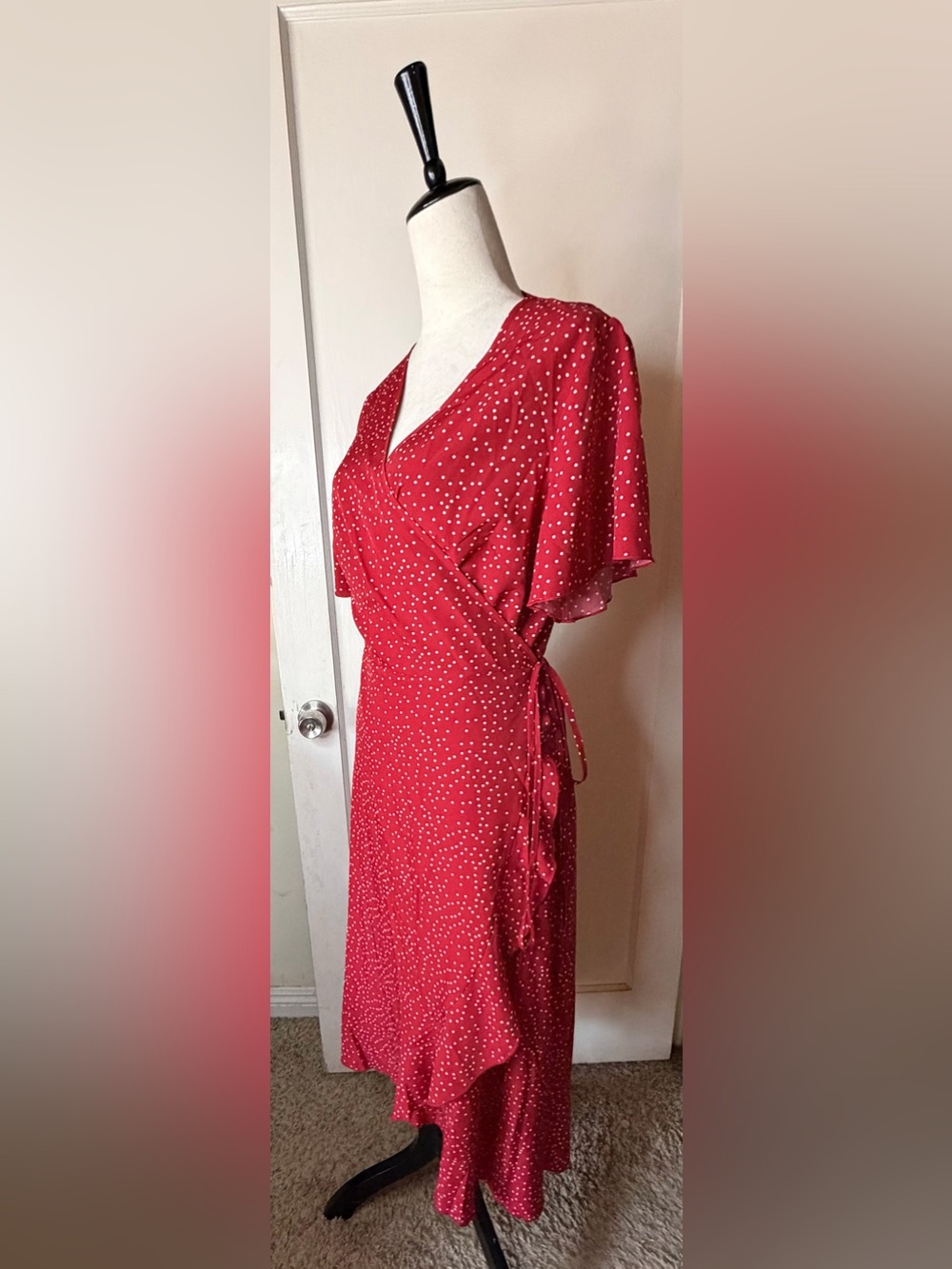 RIHOAS Red & White Polka Dot Wrap Dress Ruffle hem flirty whimsical autumn
